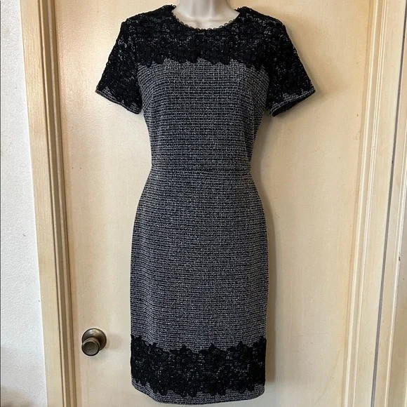 Karl Lagerfeld Black and Gray Tweed Lace-Trim Midi Dress size 2 - Picture 1 of 13